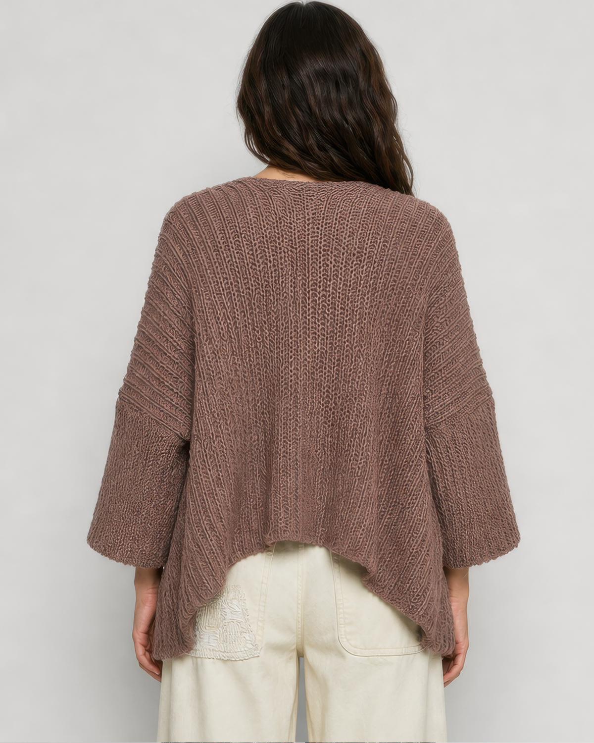 POL Edge to Edge Open Knit Cardigan in Chocolate, back view