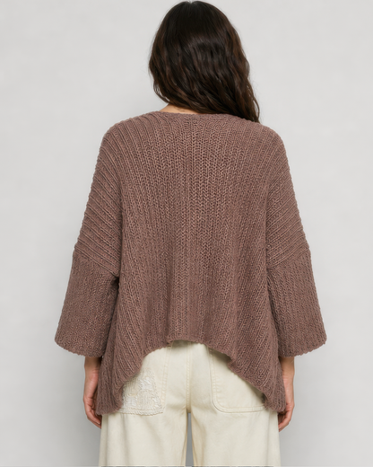 POL Edge to Edge Open Knit Cardigan in Chocolate, back view