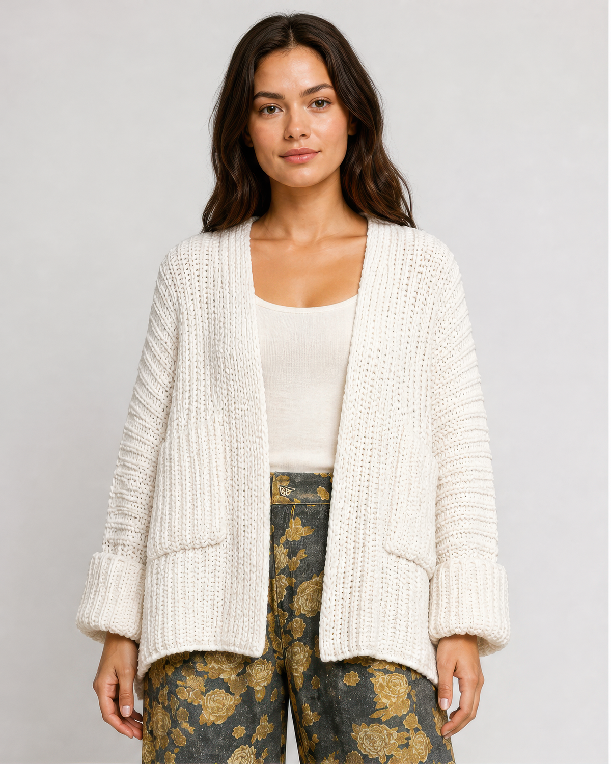 POL Edge to Edge Open Knit Cardigan in Cream, front view