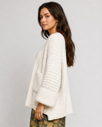 POL Edge to Edge Open Knit Cardigan in Cream, side view
