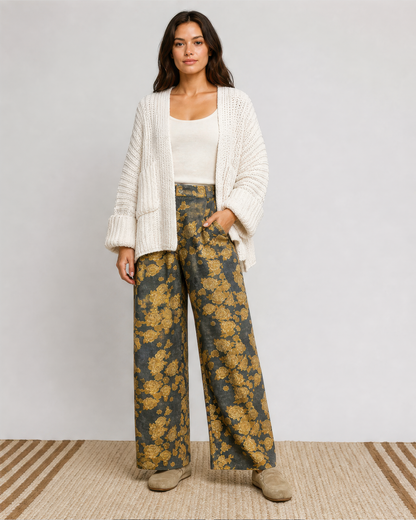 POL Edge to Edge Open Knit Cardigan in Cream, full outfit view