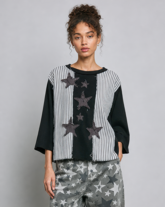 POL Patchwork Star Top in Black Stripe, front view