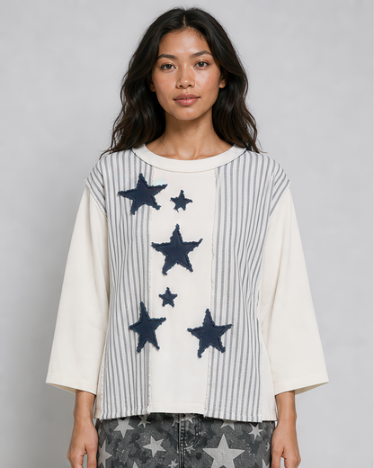 POL Patchwork Star Top in Blue Stripe, front view