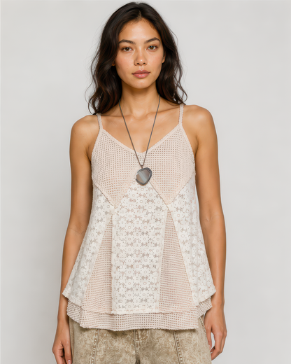 POL Patchwork Tank Top in Almond Multi, front view