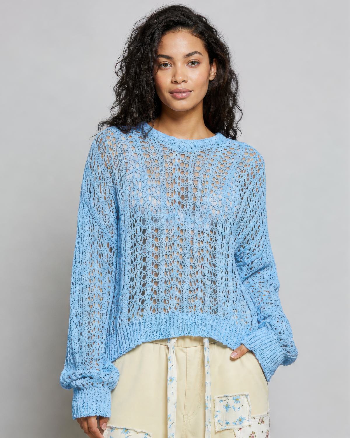 POL Pointelle Knit Sweater in Baby Blue, front view