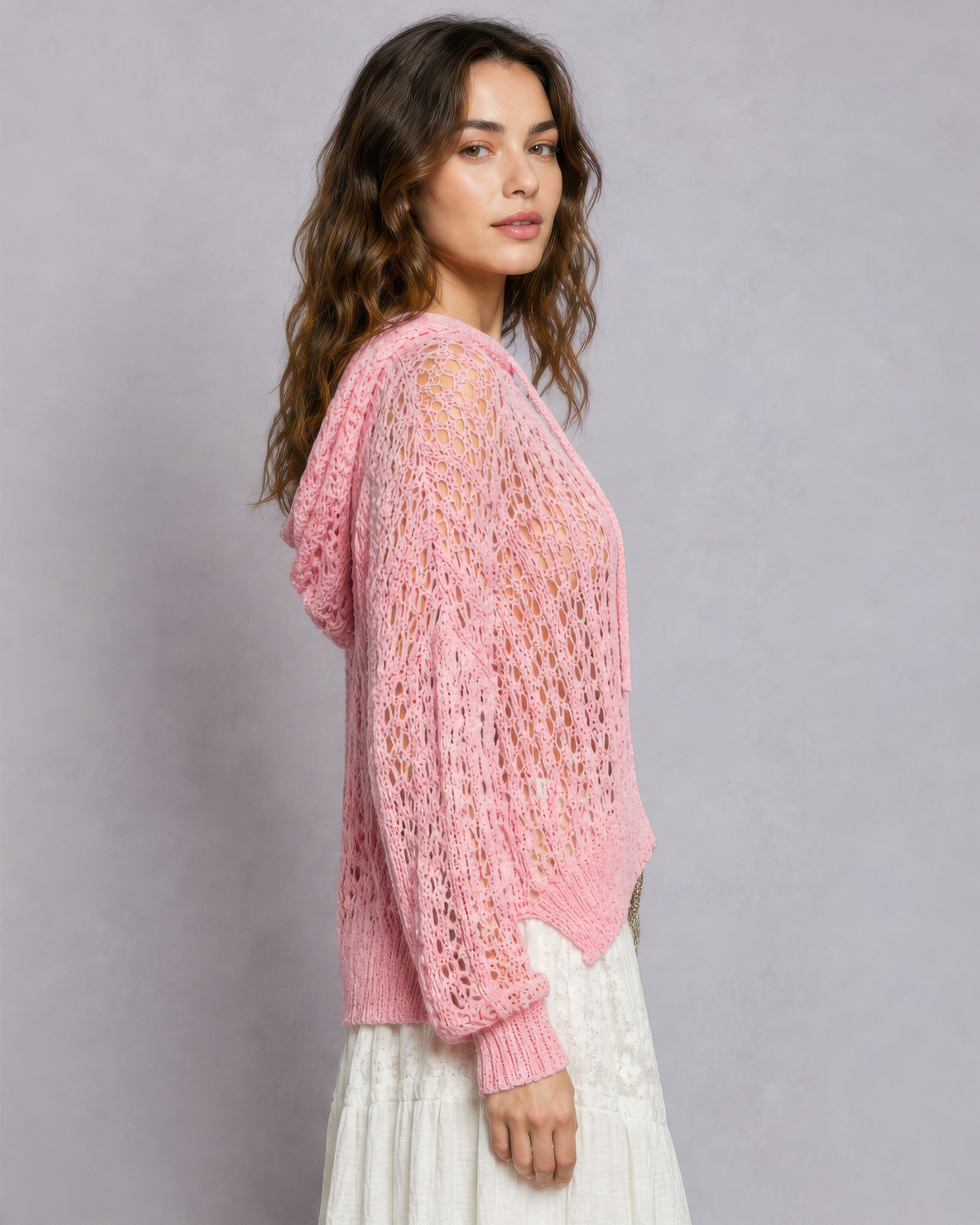 POL Pointelle Knit Sweater in Barbie Pink, photo 2 of 4