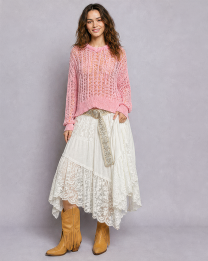 POL Pointelle Knit Sweater in Barbie Pink, photo 4 of 4