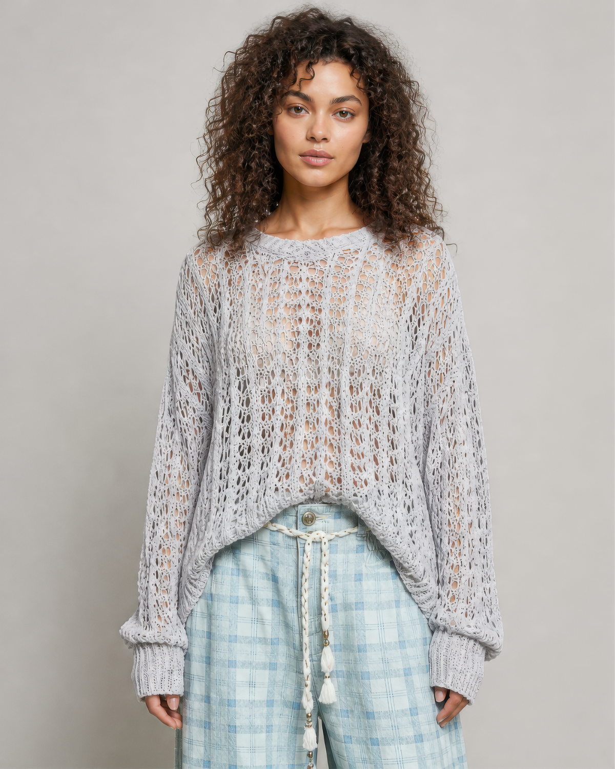 POL Pointelle Knit Sweater in Light Grey, front view