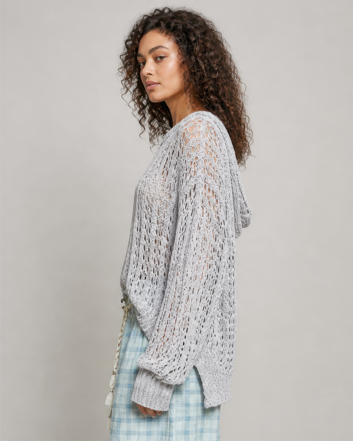 POL Pointelle Knit Sweater in Light Grey, photo 2 of 4