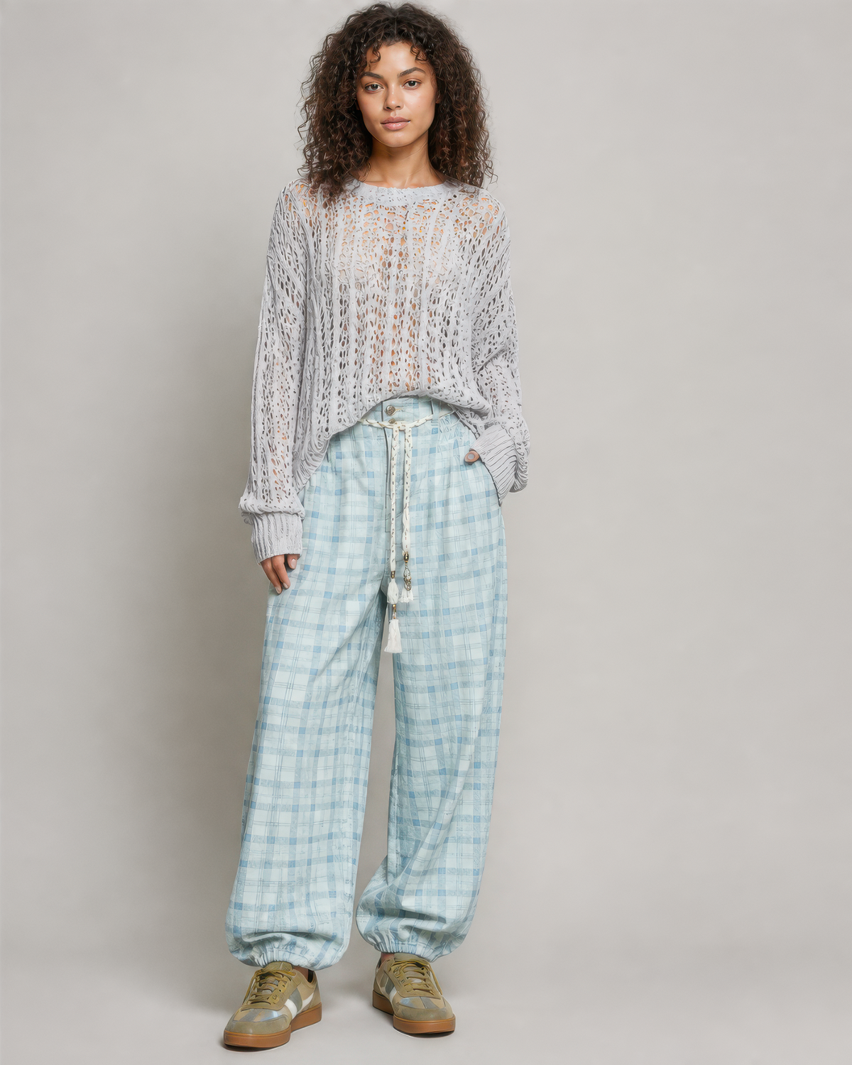 POL Pointelle Knit Sweater in Light Grey, photo 4 of 4