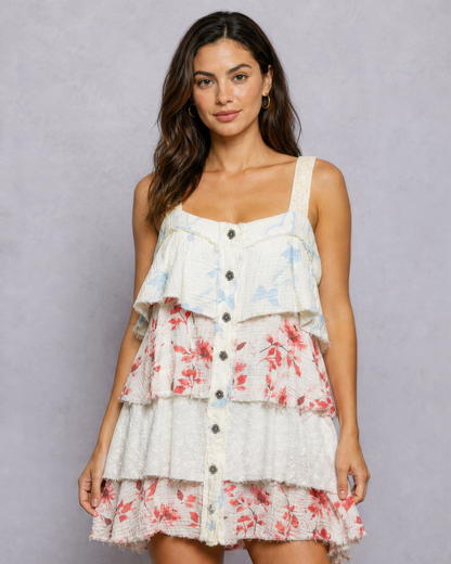 POL Print Woven Ruffle Mini Dress in Natural/Blush Floral, front view
