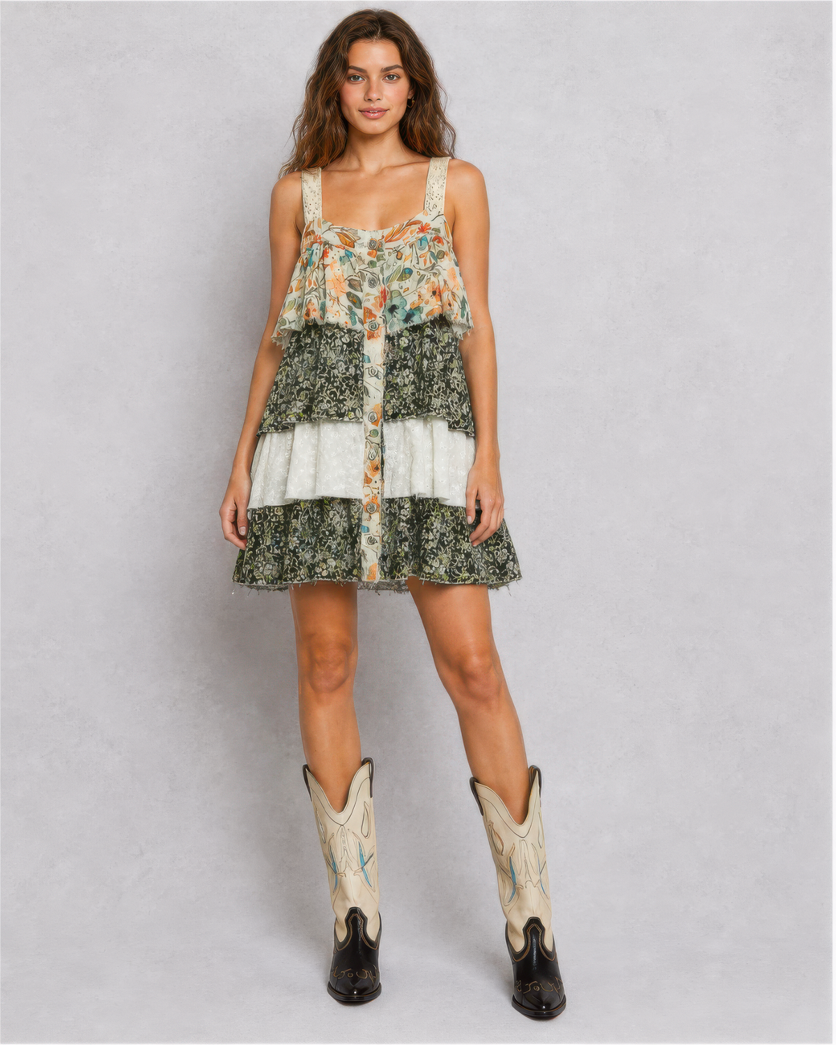 POL Print Woven Ruffle Mini Dress in Sand/Black Floral, photo 4 of 4