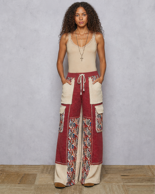 POL Quilted Floral Knit Pants in Burgundy, front view