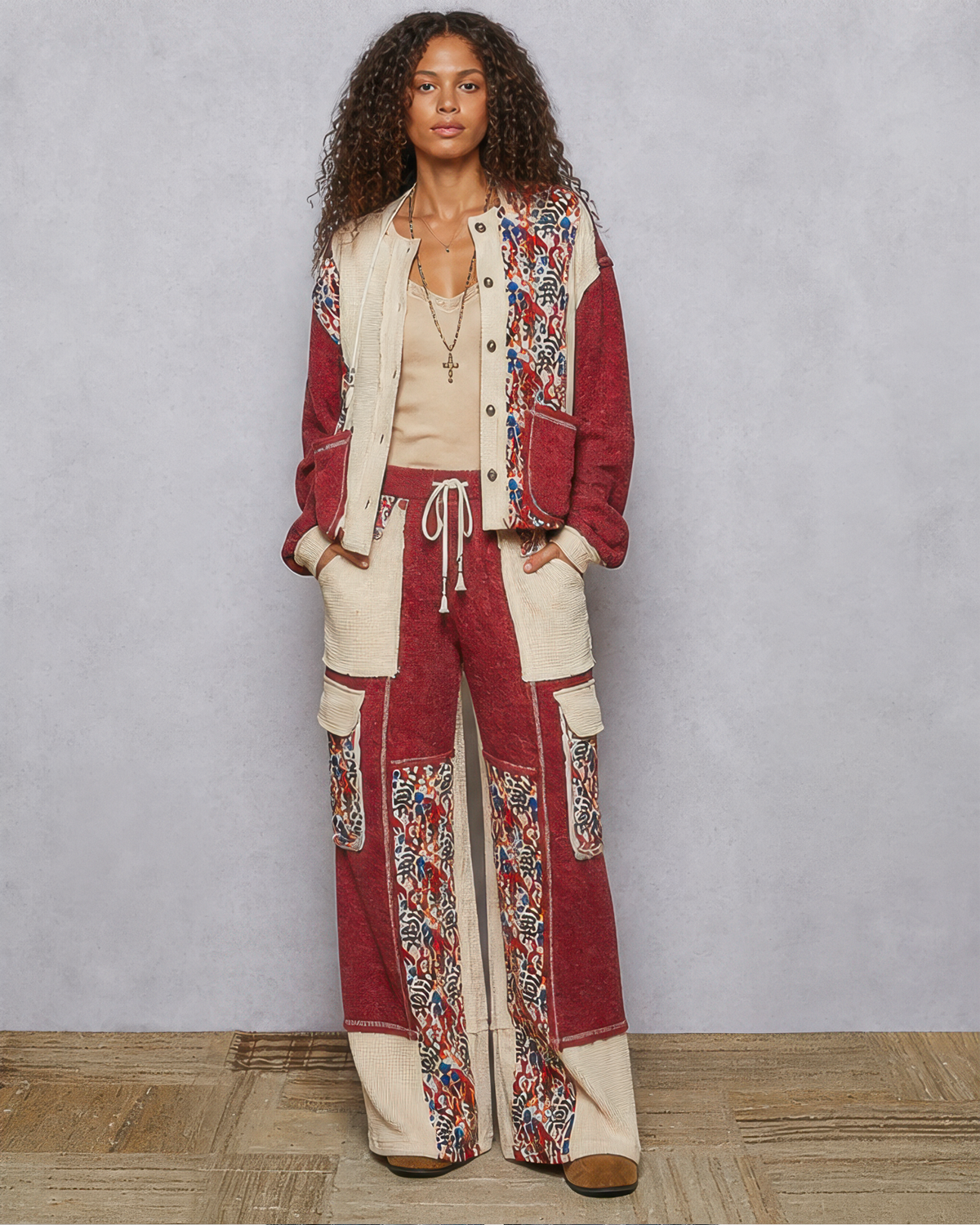 POL Quilted Floral Knit Pants in Burgundy, photo 3 of 4