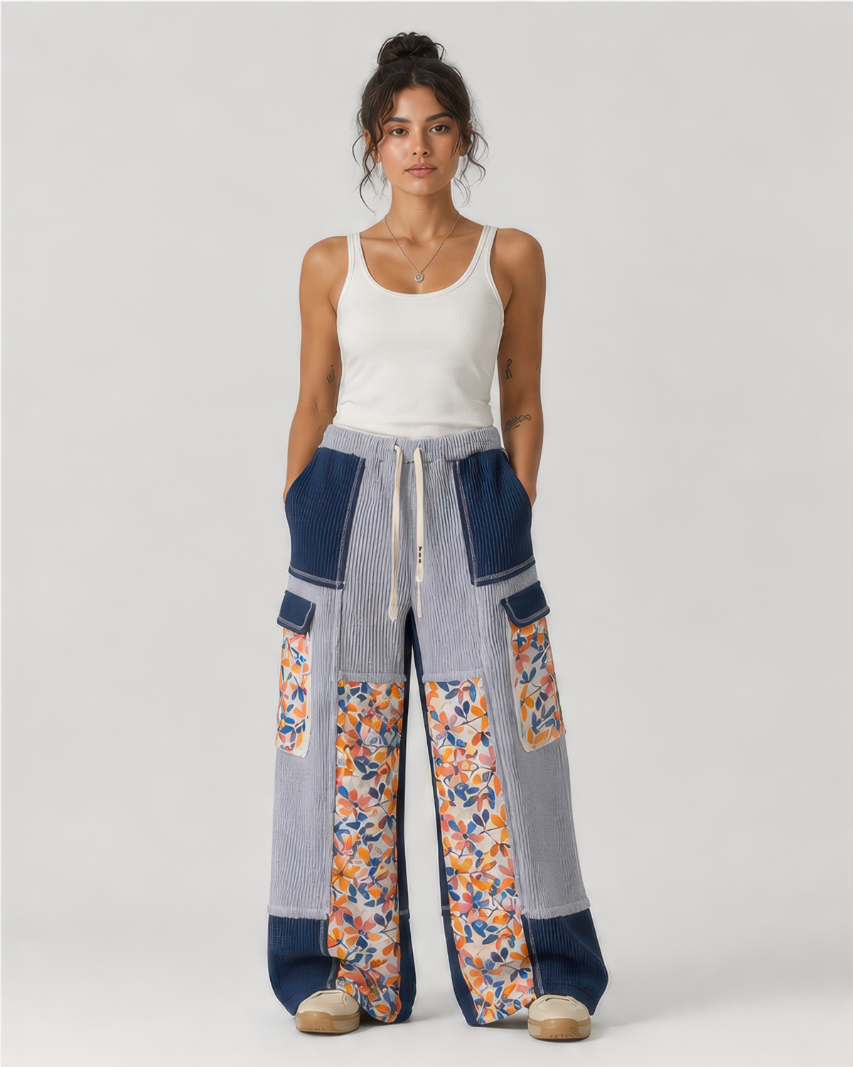 POL Quilted Floral Knit Pants in Indigo, front view