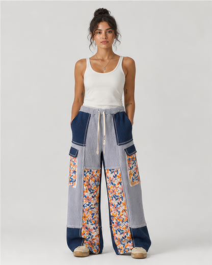 POL Quilted Floral Knit Pants in Indigo, front view
