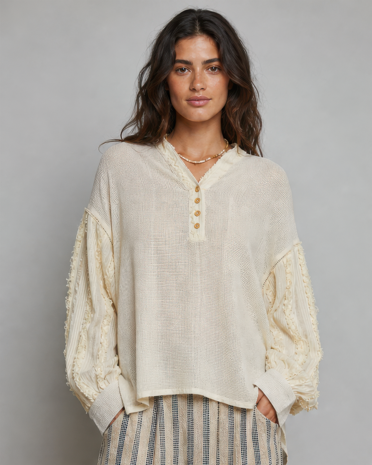 POL Relaxed Pullover Top in Natural, front view