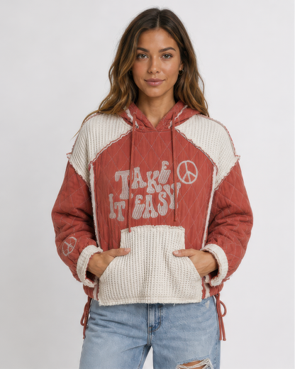 POL Take It Easy quilted hoodie in Brick, front view