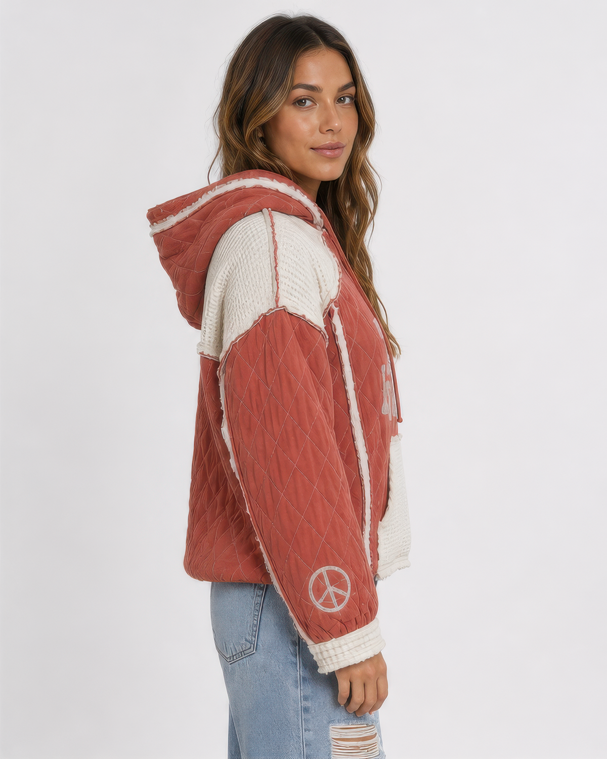 POL Take It Easy quilted hoodie in Brick, side view