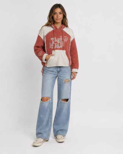 POL Take It Easy quilted hoodie in Brick, full outfit view