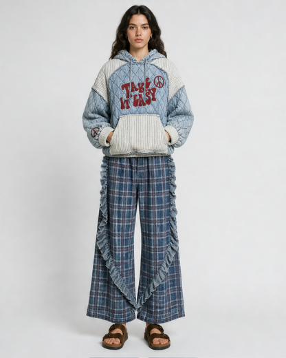 POL Take It Easy quilted hoodie in Denim, full outfit view
