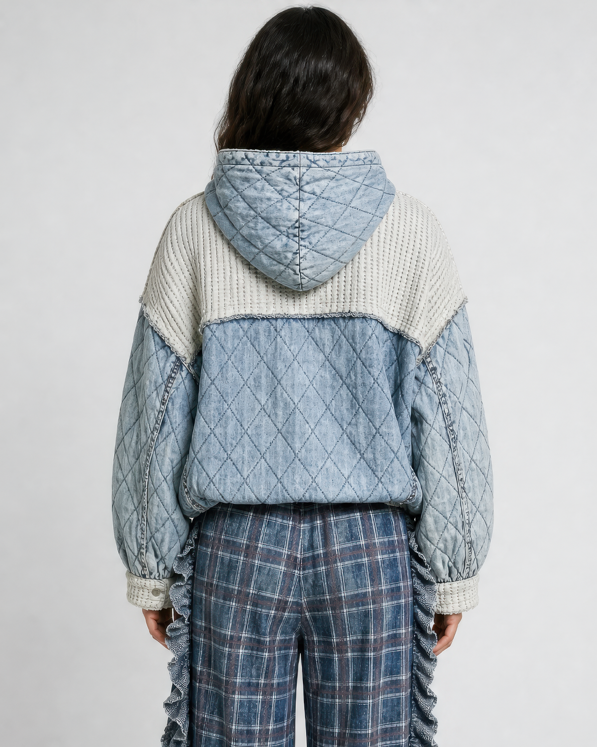 POL Take It Easy quilted hoodie in Denim, back view