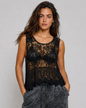 POL Vintage Crochet Sleeveless Round Neck Top in Black, front view