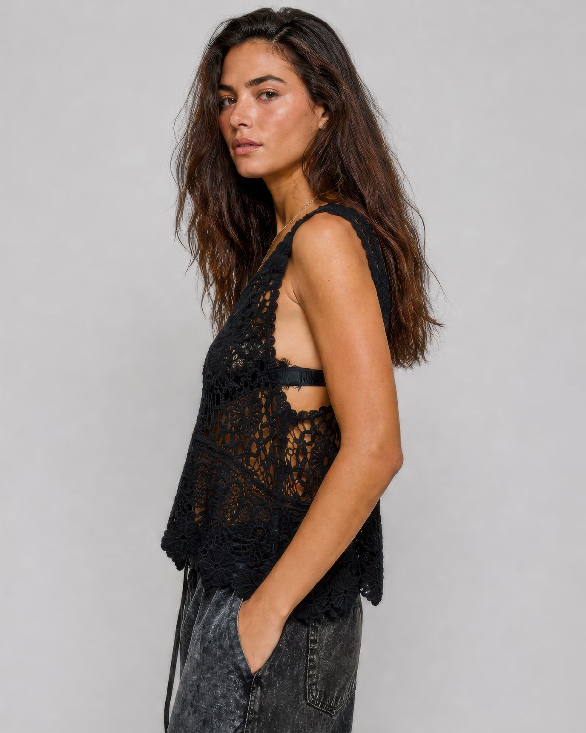 POL Vintage Crochet Sleeveless Round Neck Top in Black, photo 2 of 4