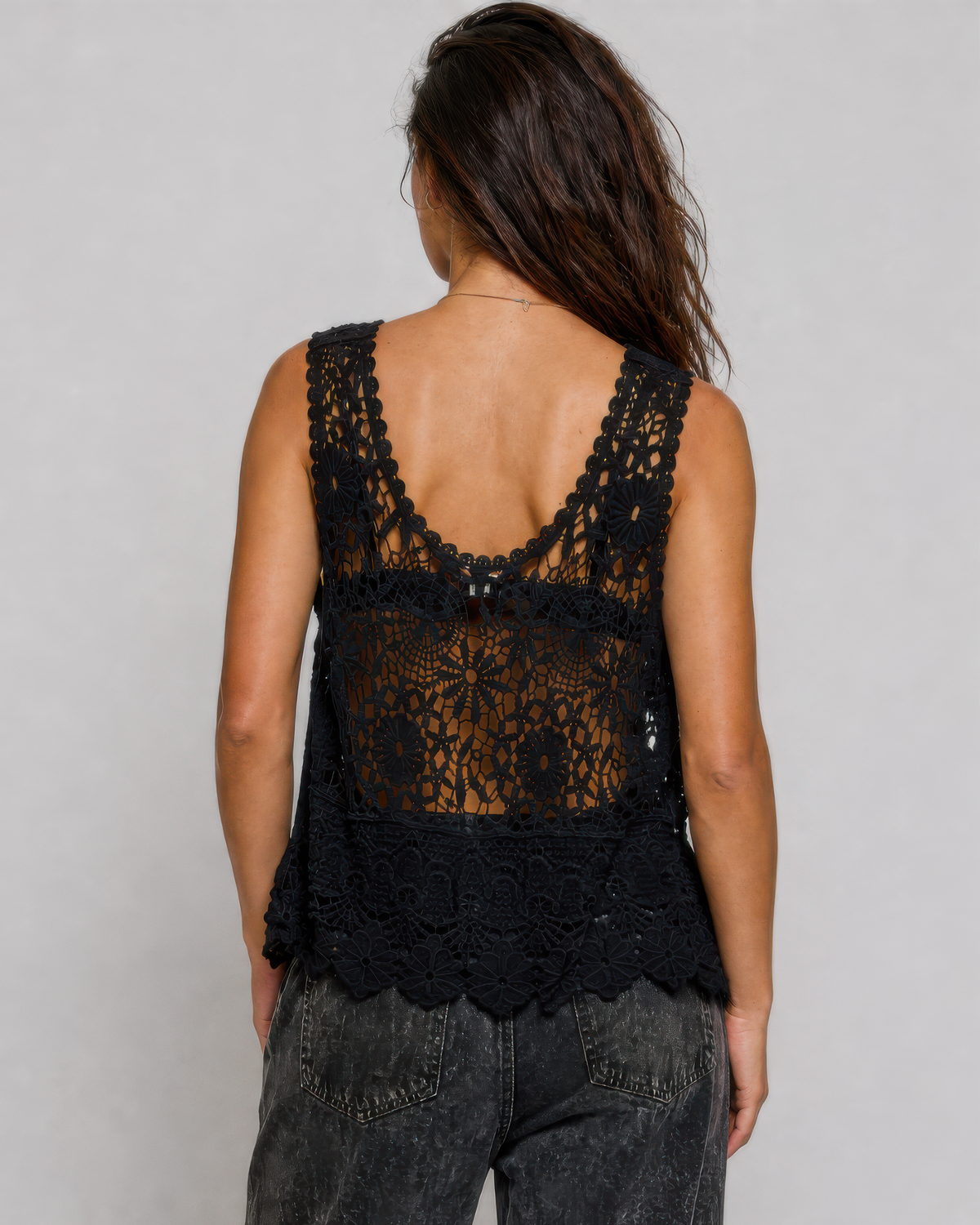 POL Vintage Crochet Sleeveless Round Neck Top in Black, photo 3 of 4