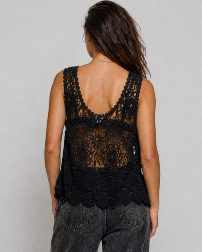 POL Vintage Crochet Sleeveless Round Neck Top in Black, photo 3 of 4