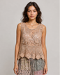POL Vintage Crochet Sleeveless Round Neck Top in Choco, front view