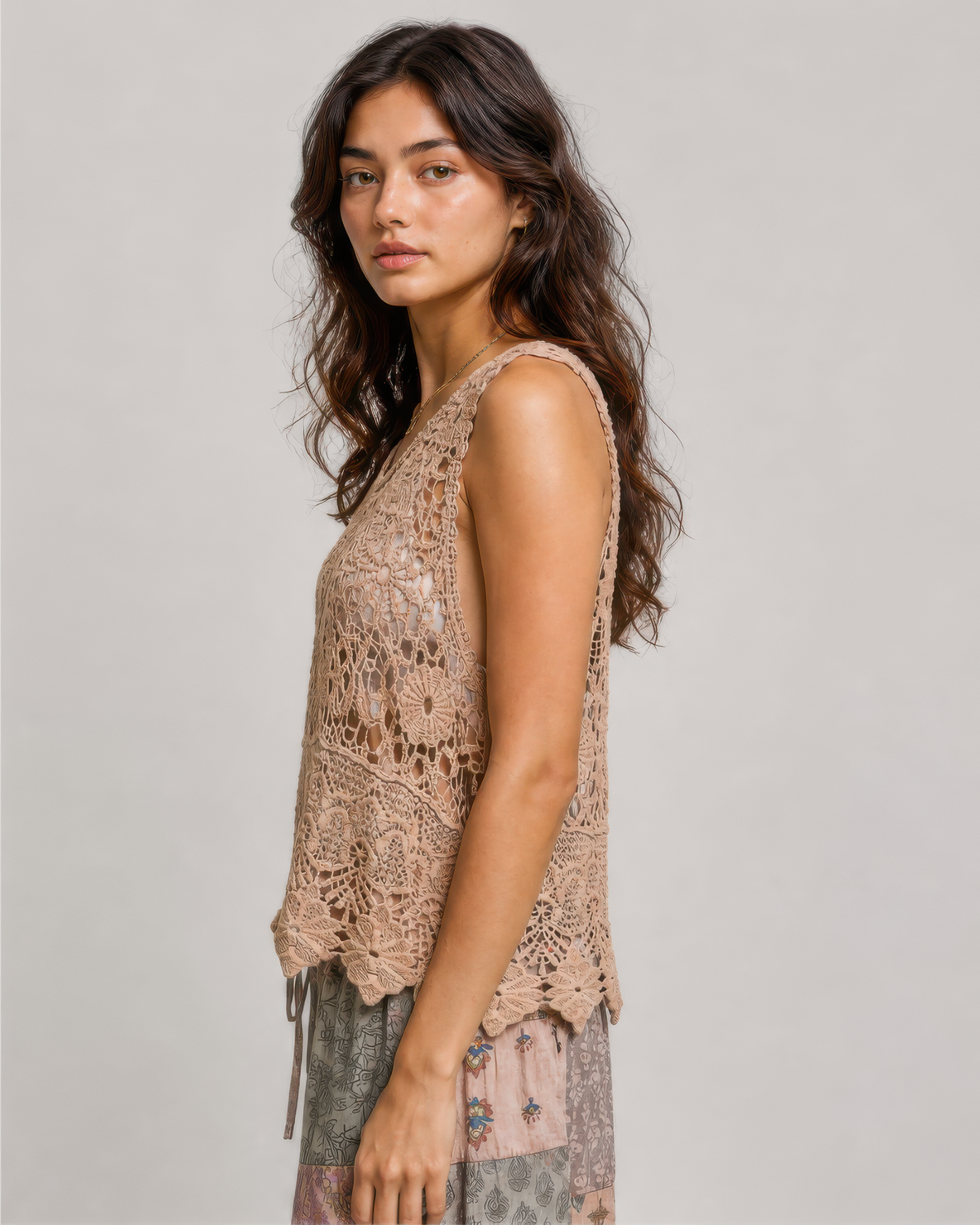 POL Vintage Crochet Sleeveless Round Neck Top in Choco, photo 2 of 4