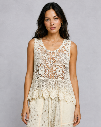 POL Vintage Crochet Sleeveless Round Neck Top in Natural, front view