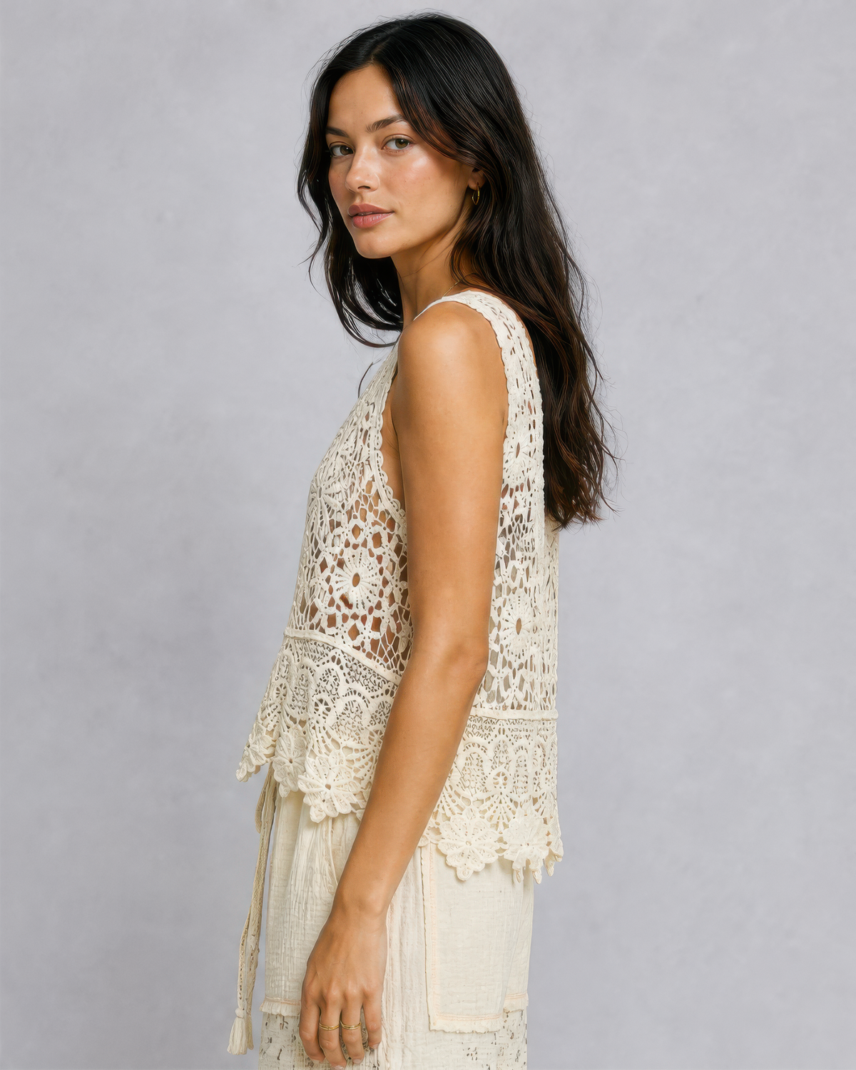 POL Vintage Crochet Sleeveless Round Neck Top in Natural, photo 2 of 4