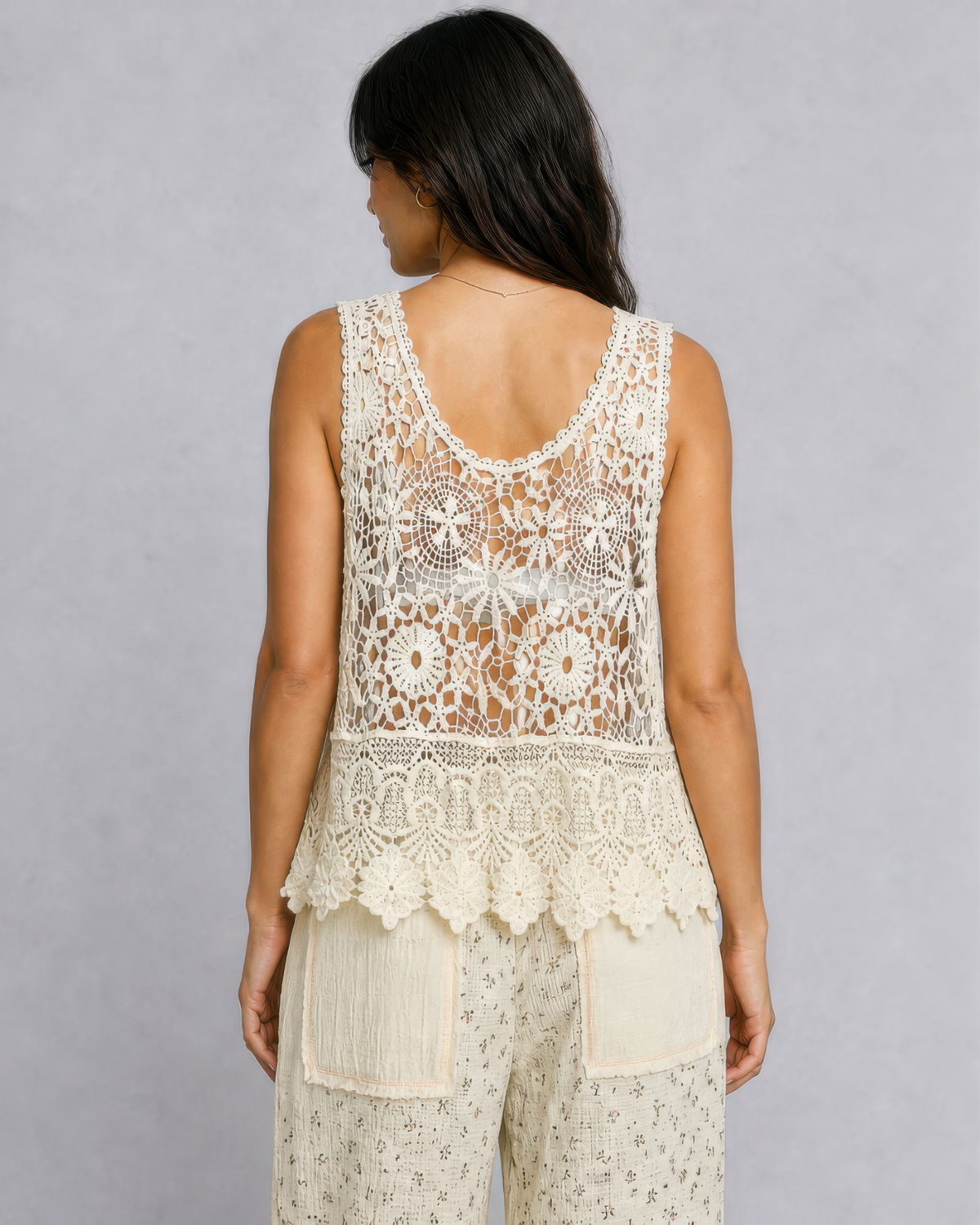 POL Vintage Crochet Sleeveless Round Neck Top in Natural, photo 3 of 4