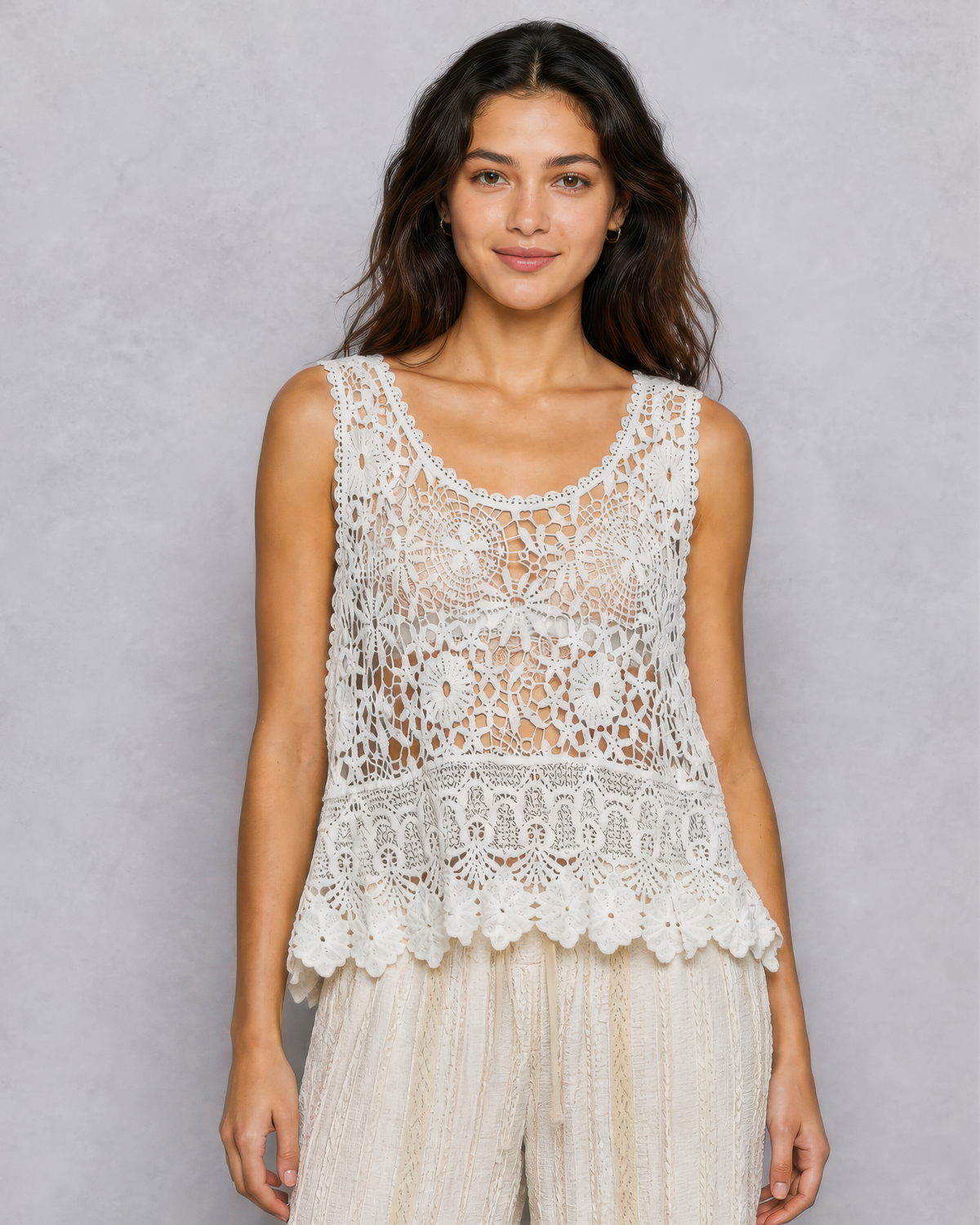 POL Vintage Crochet Sleeveless Round Neck Top in Off White, front view