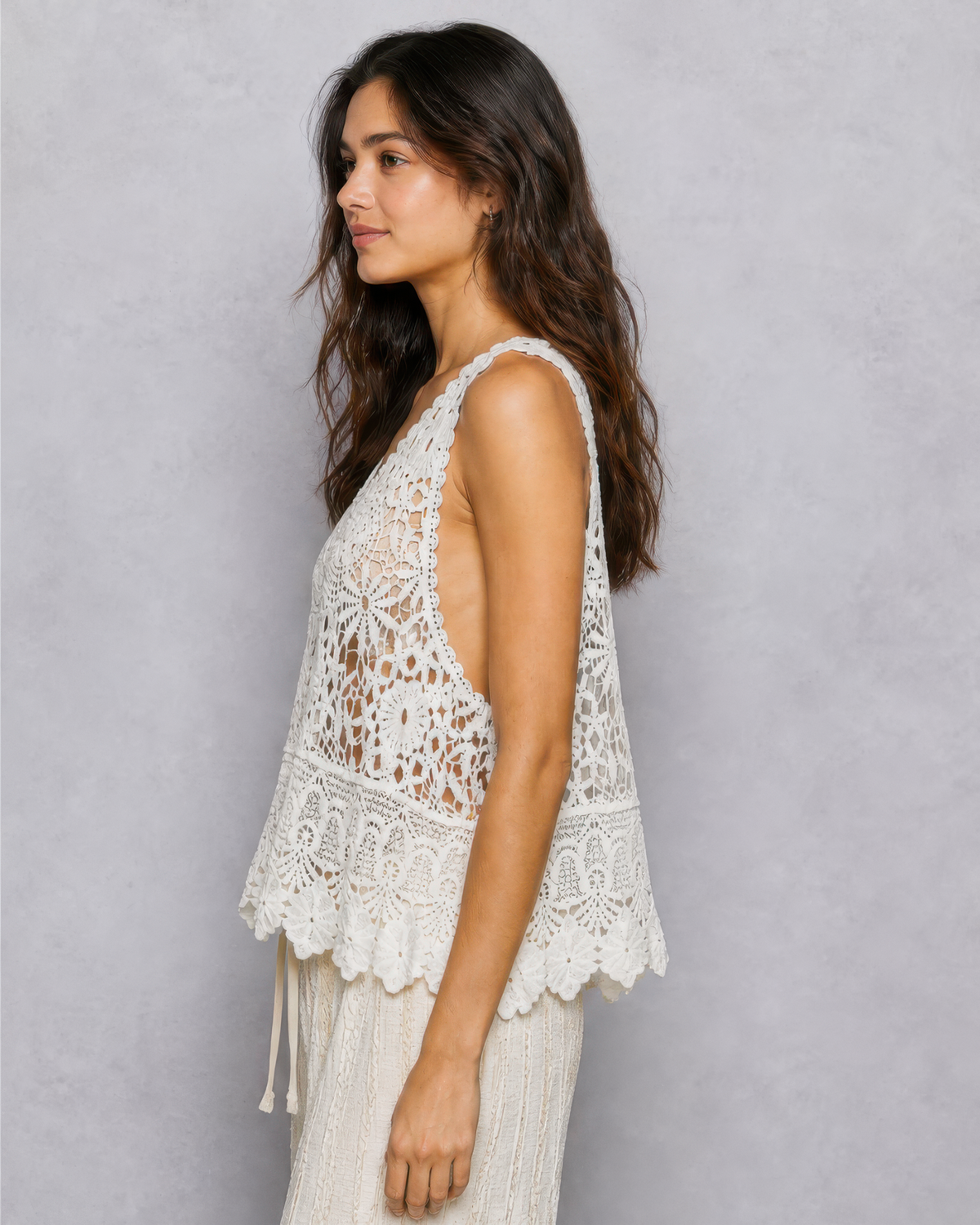 POL Vintage Crochet Sleeveless Round Neck Top in Off White, photo 2 of 4