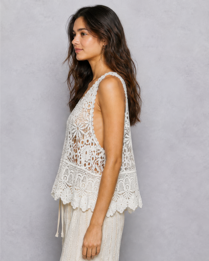 POL Vintage Crochet Sleeveless Round Neck Top in Off White, photo 2 of 4