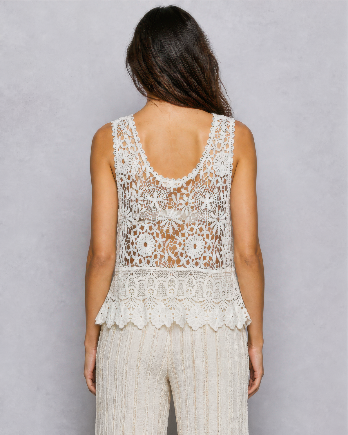 POL Vintage Crochet Sleeveless Round Neck Top in Off White, photo 3 of 4