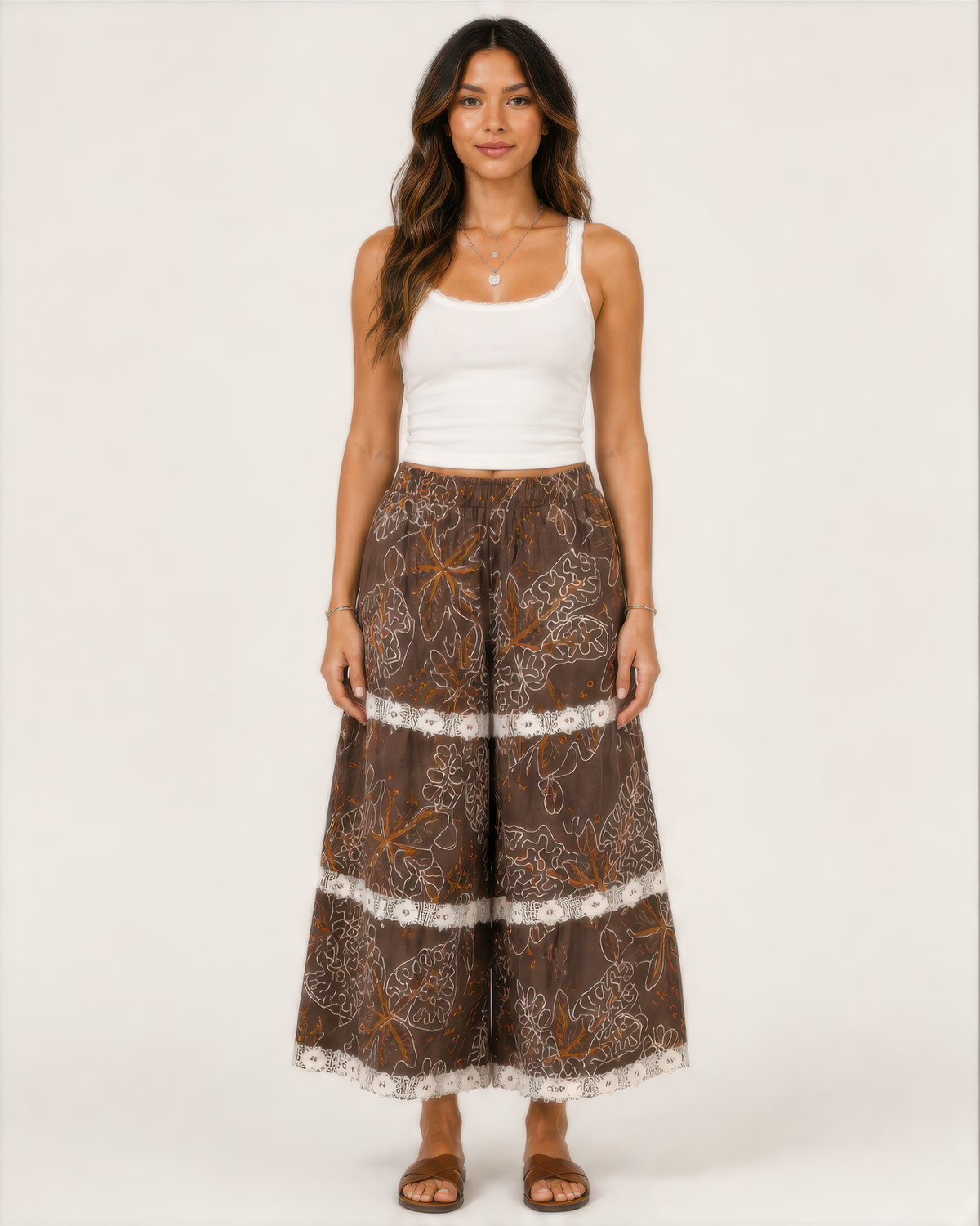 POL Wide Crochet Floral Lace Pants in Choco, front view
