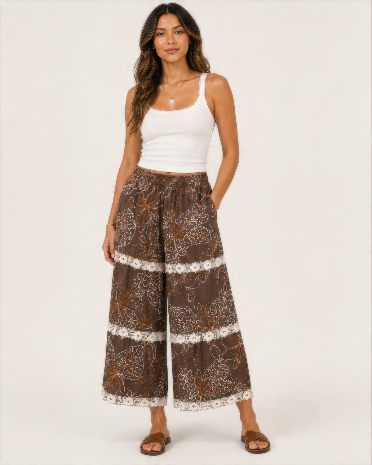 POL Wide Crochet Floral Lace Pants in Choco, photo 4 of 4